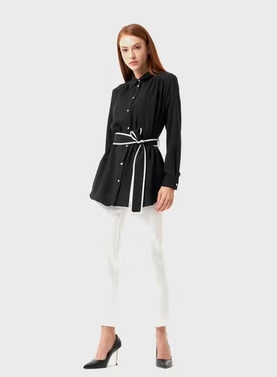 Belted Button-Down Top - Black