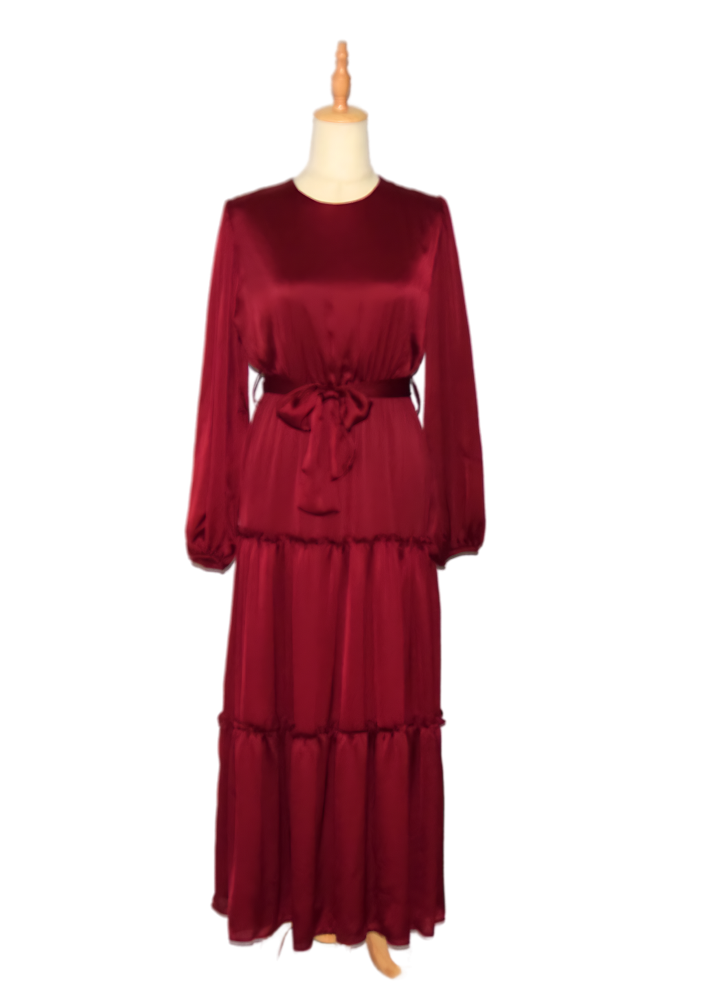 Chiffon Layered Belted Dress - Deep Red