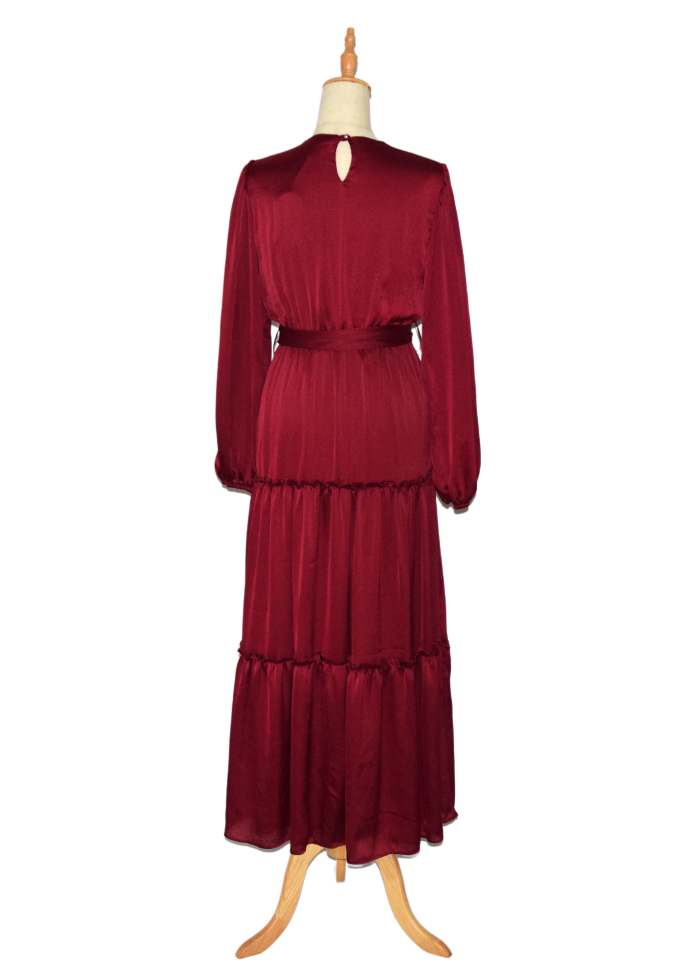 Chiffon Layered Belted Dress - Deep Red