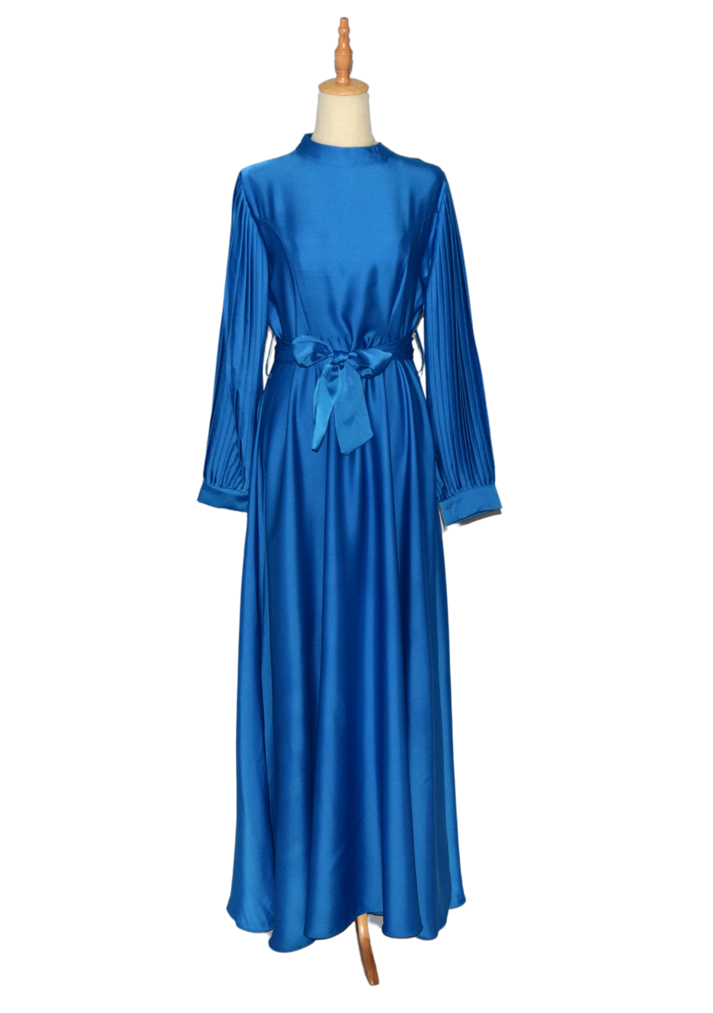 Satin Pleated Balloon Sleeve Dress - Royal Blue