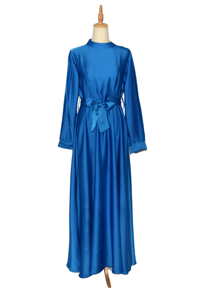 Satin Pleated Balloon Sleeve Dress - Royal Blue