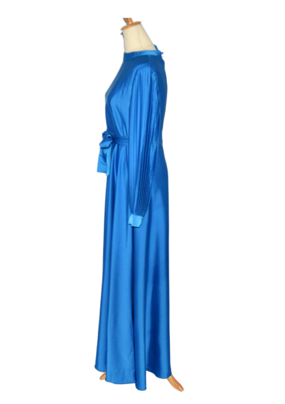 Satin Pleated Balloon Sleeve Dress - Royal Blue