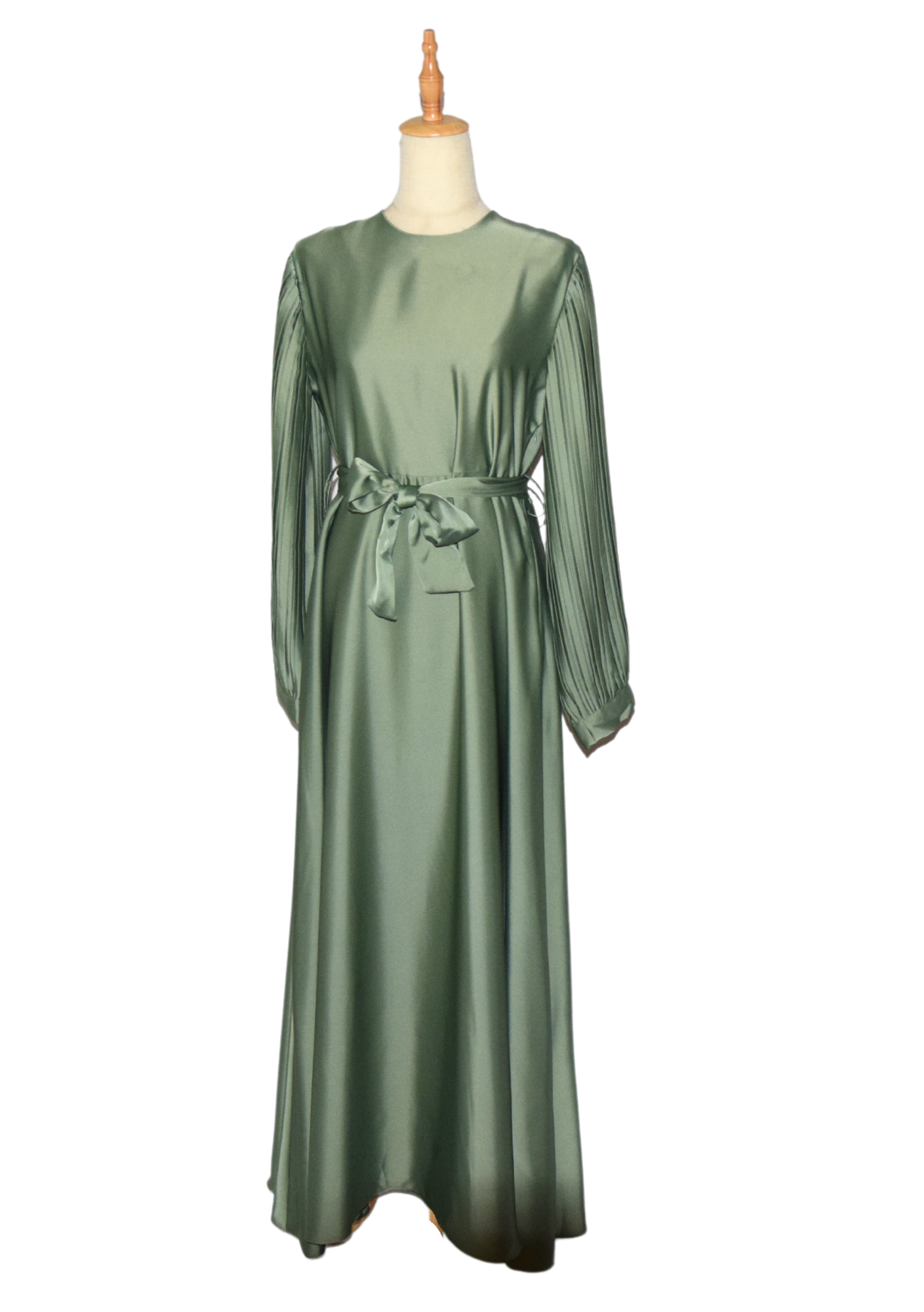 Satin Pleated Balloon Sleeve Dress - Pistachio