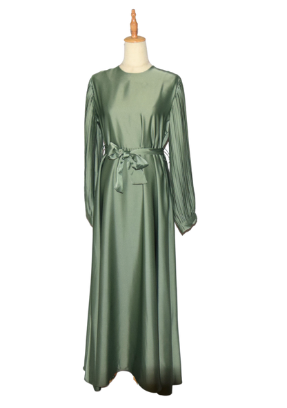 Satin Pleated Balloon Sleeve Dress - Pistachio