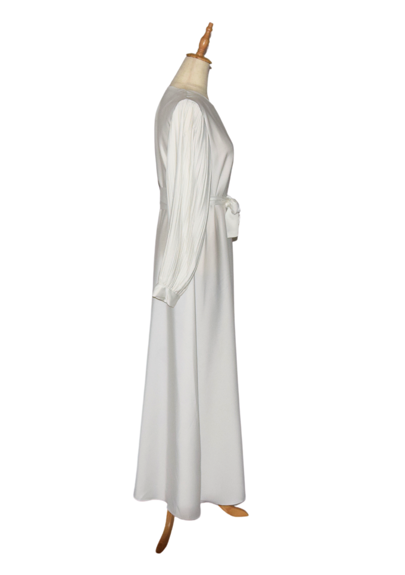 Satin Pleated Balloon Sleeve Dress - White