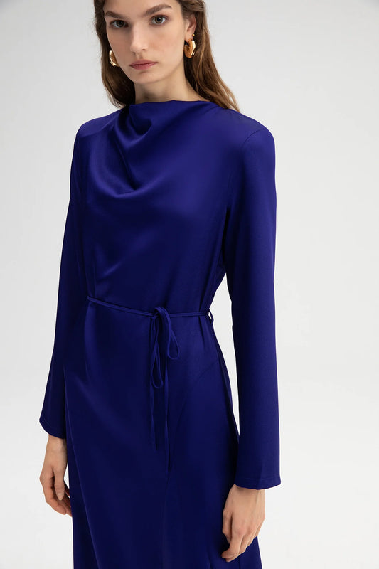 Satin Dress with Belt - Deep Indigo