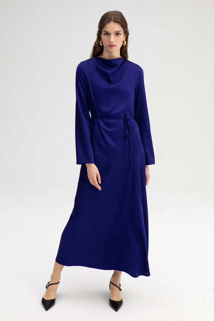 Satin Dress with Belt - Deep Indigo