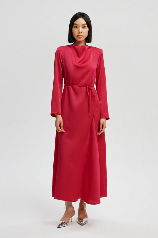 Satin Dress with Belt - Raspberry