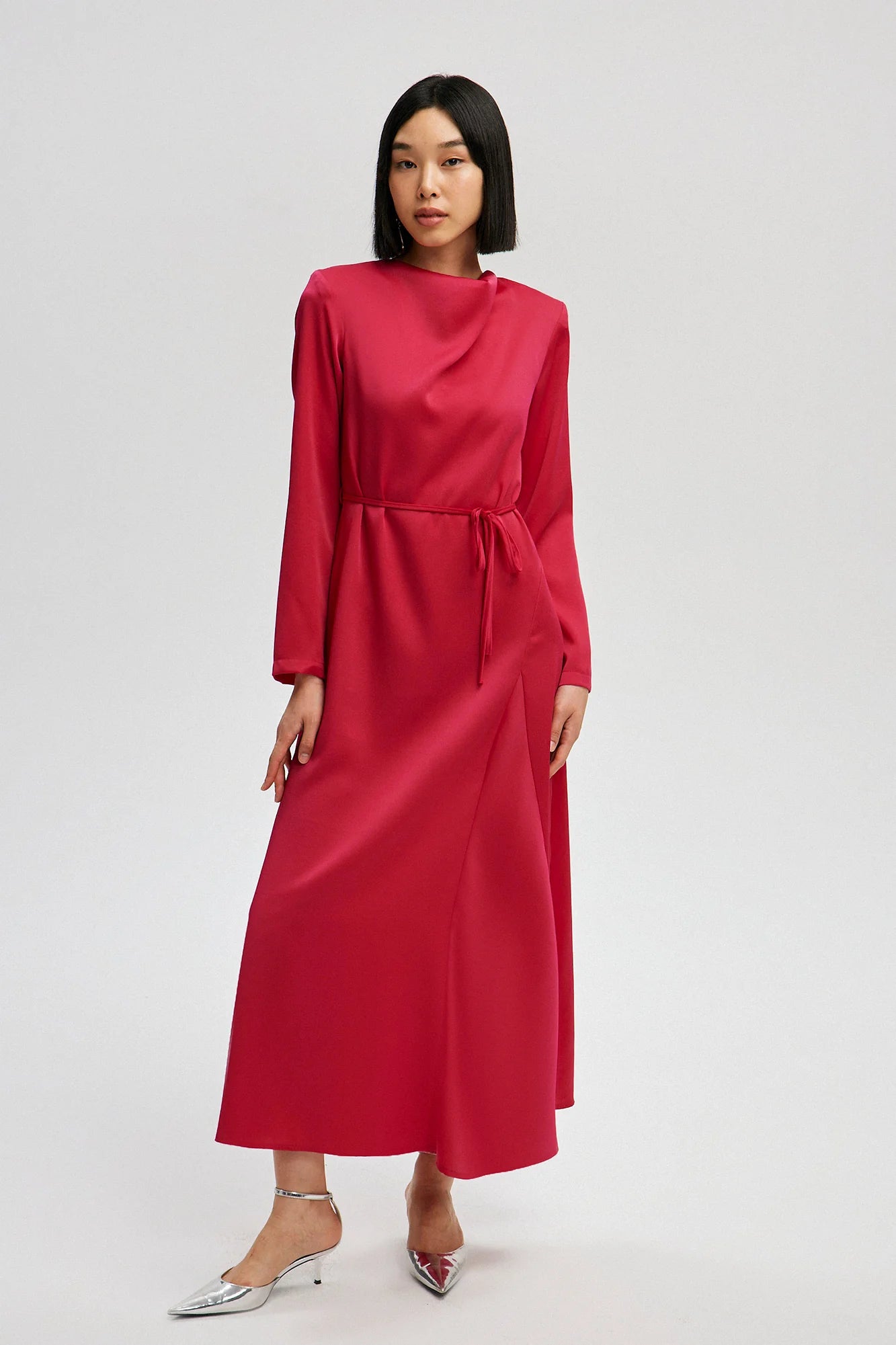 Satin Dress with Belt - Raspberry