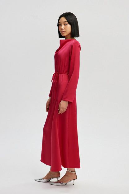 Satin Dress with Belt - Raspberry