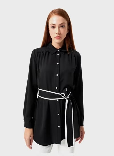 Belted Button-Down Top - Black