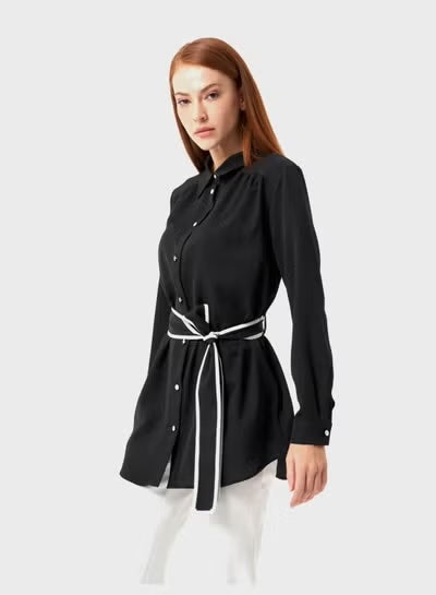 Belted Button-Down Top - Black