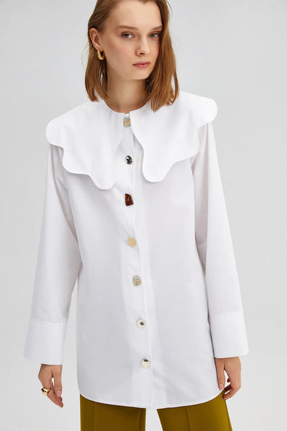 Wide Collar Poplin Shirt - White