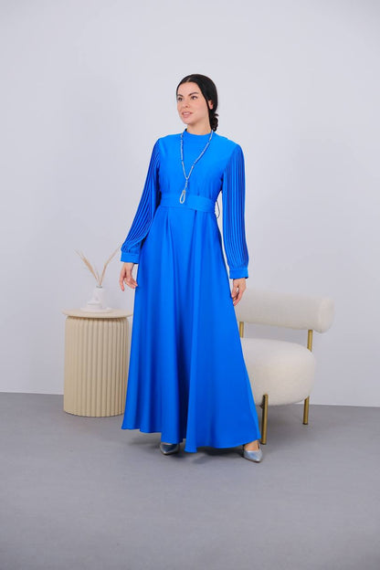 Satin Pleated Balloon Sleeve Dress - Royal Blue