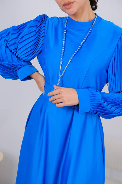 Satin Pleated Balloon Sleeve Dress - Royal Blue