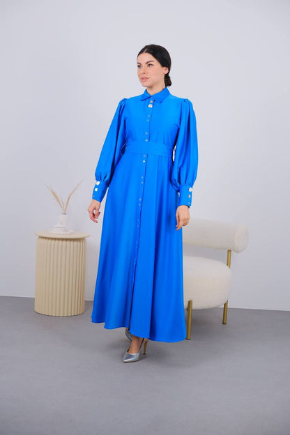 Satin Button Down Dress - Royal Blue