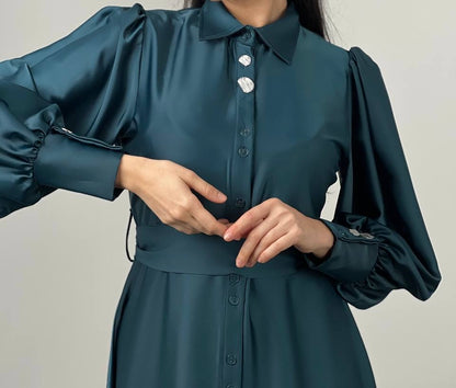 Satin Button Down Dress - Navy Teal