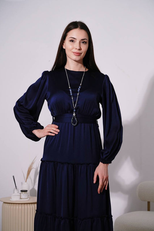 Chiffon Layered Belted Dress - Navy