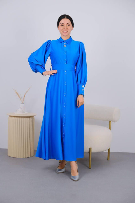 Satin Button Down Dress - Royal Blue