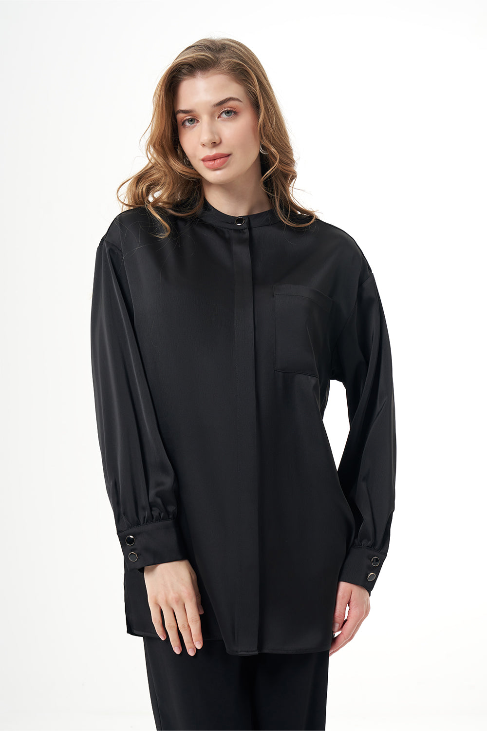 Satin Button Down Tunic - Black