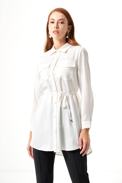 Pocket Detail Satin Tie Waist Top