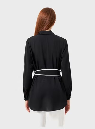 Belted Button-Down Top - Black