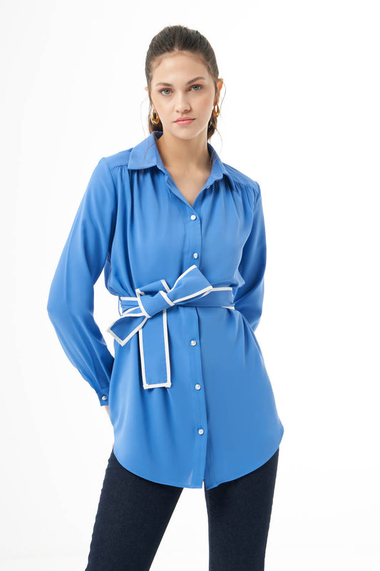 Belted Button-Down Top - Blue