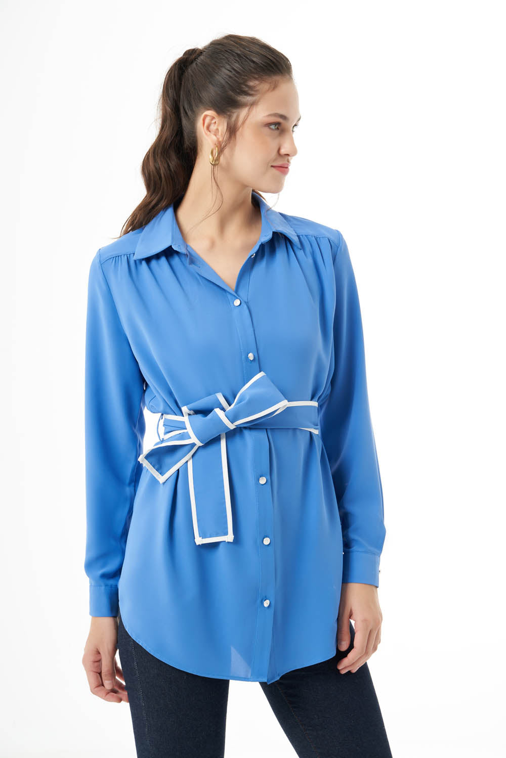 Belted Button-Down Top - Blue