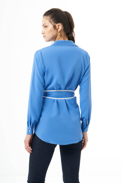 Belted Button-Down Top - Blue