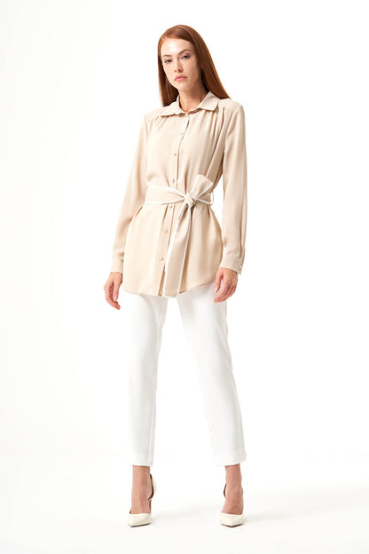 Belted Button-Down Top - Cream