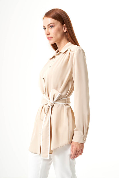 Belted Button-Down Top - Cream